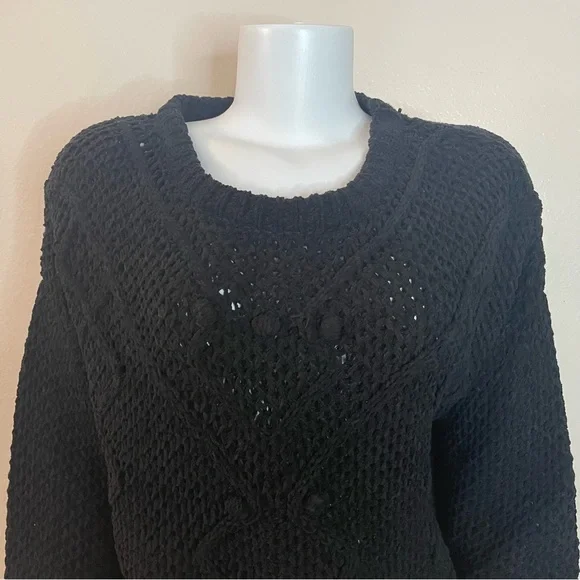 Black crew neck dropped shoulders ribbed trims knit sweater - Picture 2 of 9